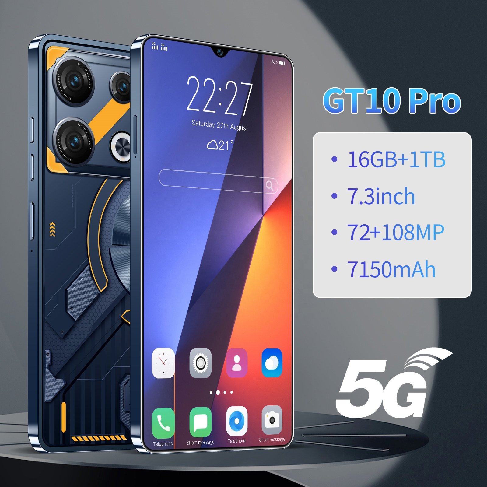 2024 New High quality Cellphone GT10 pro 7.3 inch 16GB+1TB Mobilephone Android14 Face Unlock 3G4G5G smartphone